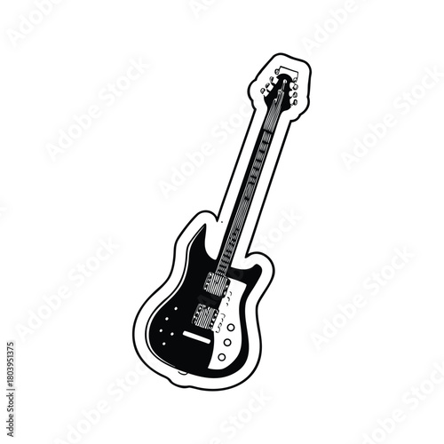 Black and white electric guitar vector illustration, graphic vintage retro style