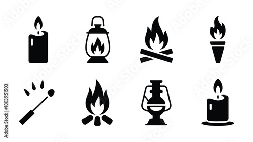 Vector Icons: Light, Fire, and Illumination Elements for Outdoor Activities