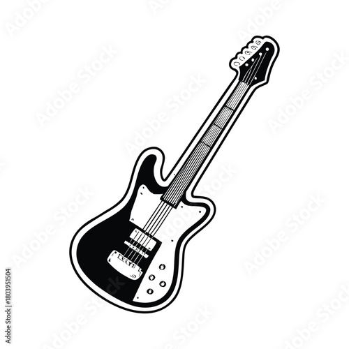 Black and white electric guitar vector illustration, graphic vintage retro style