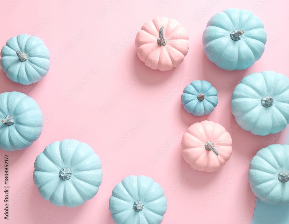 Obraz premium Pastel pumpkins, scattered, on a pink background