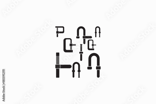 Holding G-Clamp tool vector silhouettes black image.   