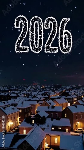 Snow-covered rooftops illuminated at night with 2026 sign above  