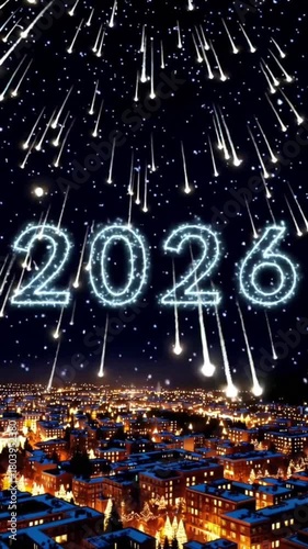 Fireworks illuminating the sky over cityscape for New Year 2026  