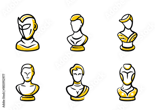 Collection of Yellow Line Art Bust Statues on a White Background