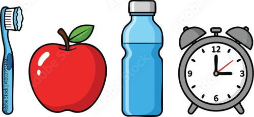 Flat lay of a toothbrush, red apple, water bottle, and alarm clock on a white background, conveying a healthy morning routine with vibrant colors.