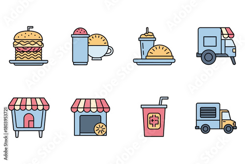 Fast Food & Food Truck Lineal Color Icon Set