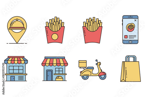 Fast Food & Delivery Service Lineal Color Icon Set