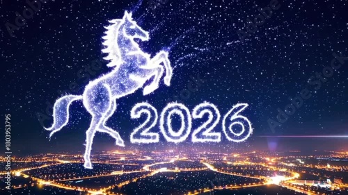 Illuminated unicorn symbolizing the New Year 2026 over city lights  