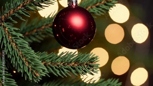 Red Christmas ornament hanging on pine tree branch with lights  