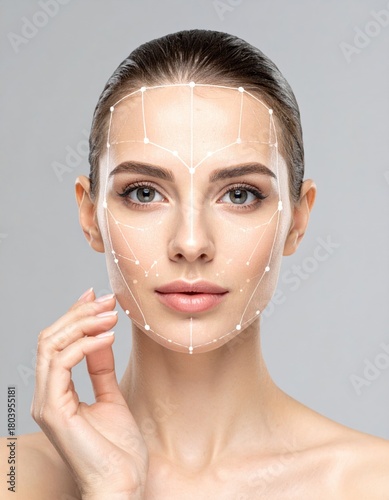 A woman with a face made of lines and dots. Lifting lines, advertising of face contour correction, female face skin lifting. Facial rejuvenation concept, cosmetology