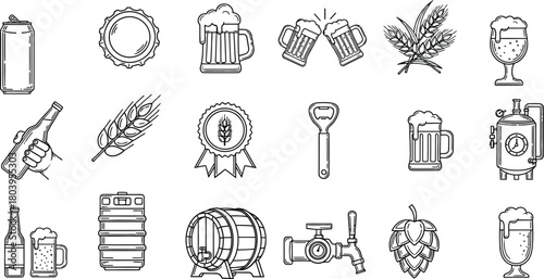 Collection of hand drawn beer icons and symbols for brewing