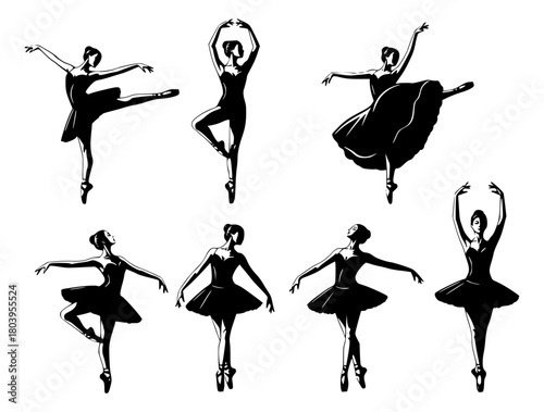 Ballerina. Seven different vector ballet girls silhouettes. Transparent background SVG version.	