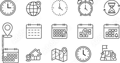 Collection of hand drawn icons representing time and location