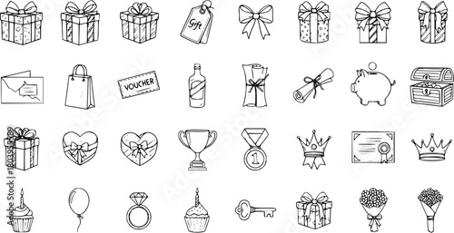Hand-Drawn Icons: Gifts, Celebrations, Awards, and Symbols of Achievement