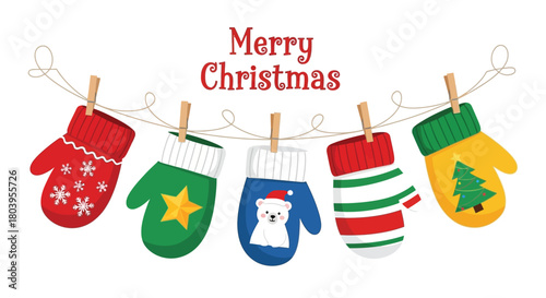 Christmas mittens hanging on a string in a cozy winter scene