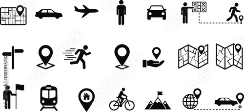 Collection of travel and navigation icons for maps and location services