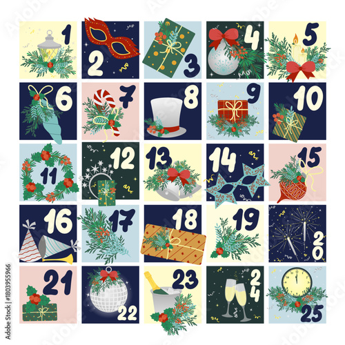 Festive advent calendar with 25 numbered doors featuring decorative holiday-themed vector illustrations. Each door reveals seasonal elements like gifts, ornaments, and winter motifs.