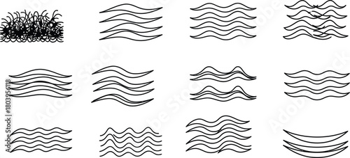 Collection of abstract wavy line patterns and grass illustration