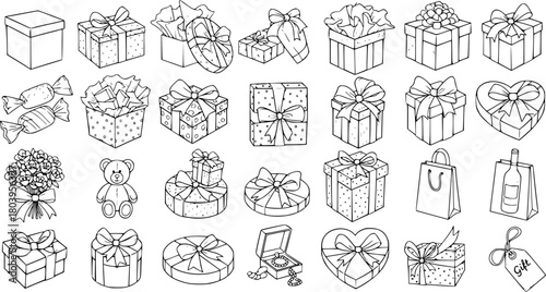 Black and White Outline Illustrations of Various Gift Boxes, Bows, Candies, Teddy Bear, Flowers, and Gift Tag