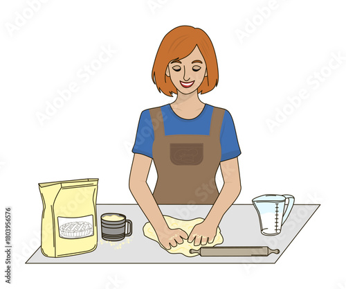 Woman smiling while kneading dough on a kitchen counter with flour and utensils nearby. This vector illustration depicts a joyful cooking scene, highlighting culinary skills.