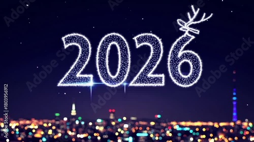 Sparkling 2026 New Year text against a festive night city skyline  