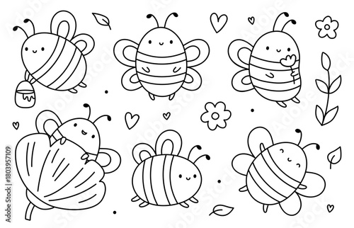 A set of cute bees isolated on a white background. Vector hand-drawn illustration in doodle style. Perfect for decorations, logo, various designs. Kawaii characters.