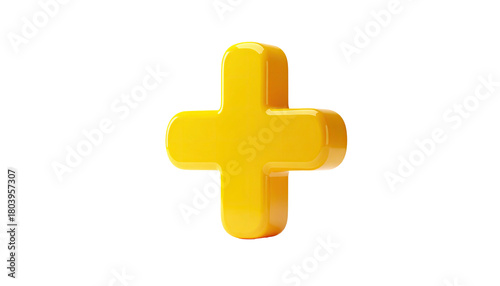 3D yellow plus sign isolated on black background, glossy