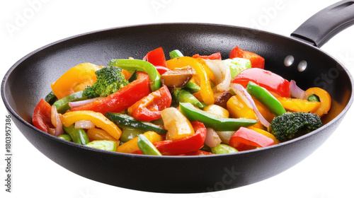 Stir fry vegetables in black pan isolated on a transparent background
