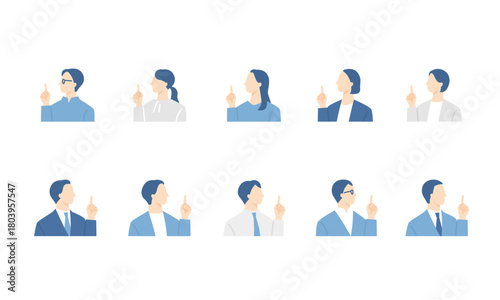 ひらめく、指差しをするビジネスパーソンのアイコンセット