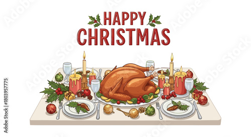 Christmas dinner with turkey and candles in a festive holiday table setting