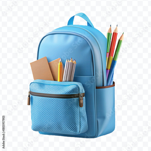 school backpack with books and school supplies in different color style  isolated on transparent background