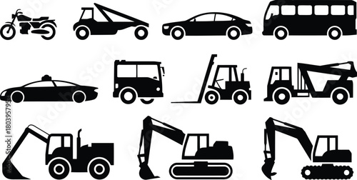 Diverse Vehicle & Machinery Pictograms: Cars, Bus, Motorcycle, Construction Equipment