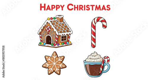 Christmas treats including gingerbread house, candy cane, star cookie, and hot chocolate