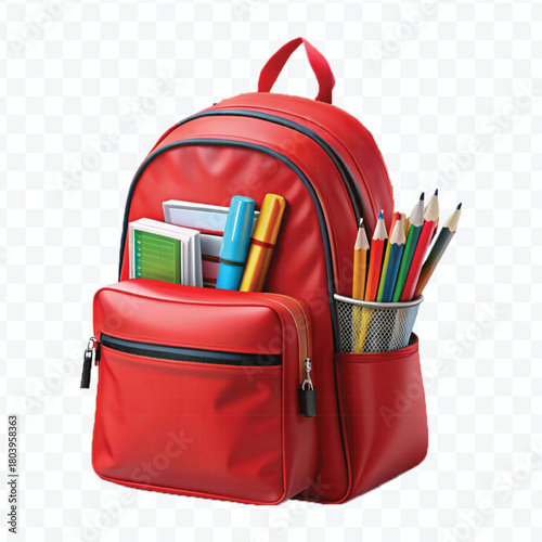 school backpack with books and school supplies in different color style  isolated on transparent background