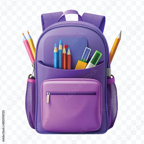school backpack with books and school supplies in different color style  isolated on transparent background