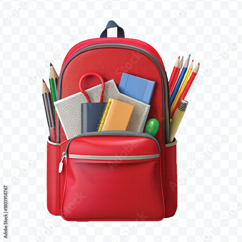school backpack with books and school supplies in different color style  isolated on transparent background