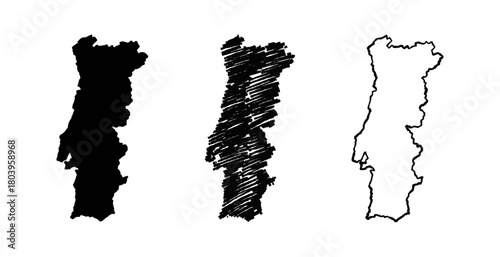 Vector hand drawn stylized map of Portugal. Travel illustration of Portuguese Republic with water names. Europe map element