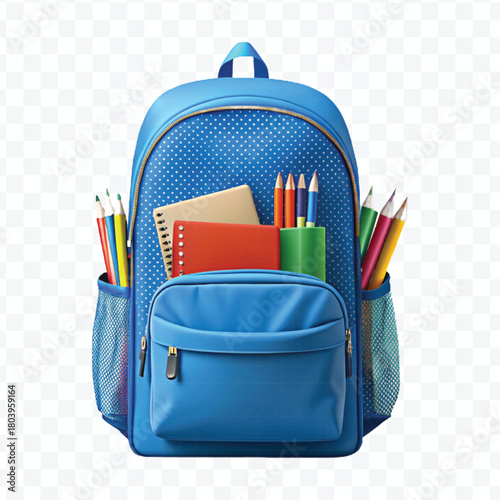 school backpack with books and school supplies in different color style  isolated on transparent background