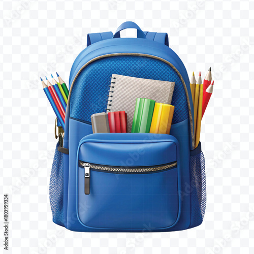 school backpack with books and school supplies in different color style  isolated on transparent background