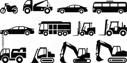 Diverse Vehicle & Machinery Pictograms: Cars, Bus, Motorcycle, Construction Equipment