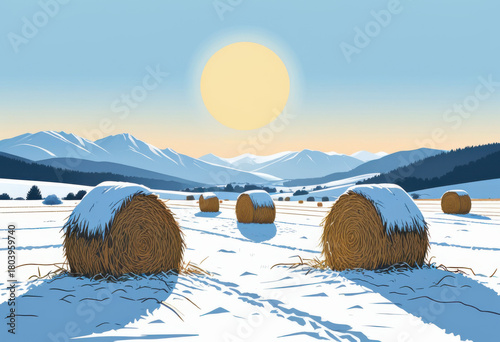 Snow-covered haystacks under pale sun, open field, distant mountains, frost on hay, winter stillness. Flat style illustration.