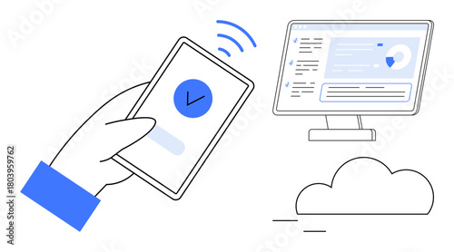 Hand holding smartphone connecting wirelessly to desktop and cloud. Ideal for technology, cloud computing, security, networking, data synchronization, remote work, accessible storage. Simple flat