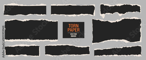 Torn Paper Vector Set – Realistic Ripped Edges And Black Ragged Strips On Background Featuring Scrap Pieces For Notes, Messages, Banners, And Creative Layout Designs