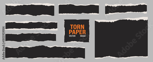 Torn Paper Vector Set – Realistic Ripped Edges And Black Ragged Strips On Background Featuring Scrap Pieces For Notes, Messages, Banners, And Creative Layout Designs