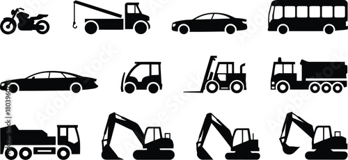Diverse Vehicle & Machinery Pictograms: Cars, Bus, Motorcycle, Construction Equipment