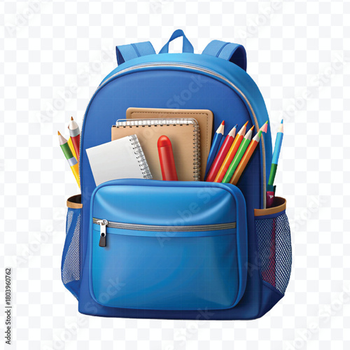 school backpack with books and school supplies in different color style  isolated on transparent background