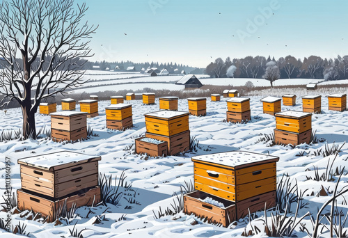 Winter beehives under snow, wooden boxes with frost, quiet apiary, rural industry dormant, agricultural winter. Flat style illustration.