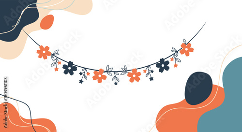 A delicate floral garland with orange and dark flowers hangs against a white background adorned with abstract organic shapes.
