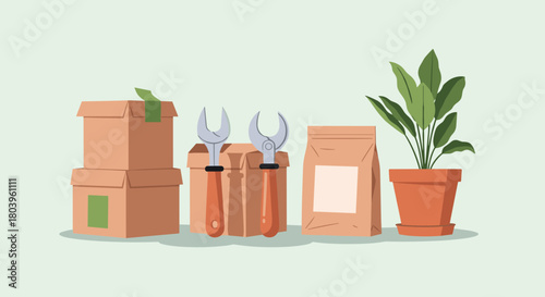 An assortment of essential items like cardboard boxes, wrenches, a paper bag, and a potted plant, representing home projects or moving preparations.