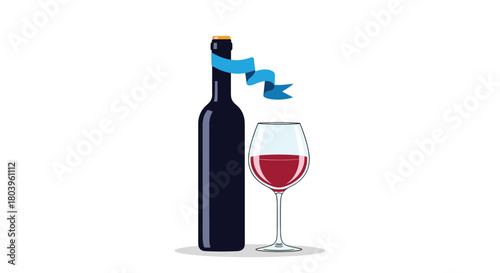 A minimalist illustration showcasing a classic dark wine bottle tied with a decorative blue ribbon, paired with a glass of rich red wine.